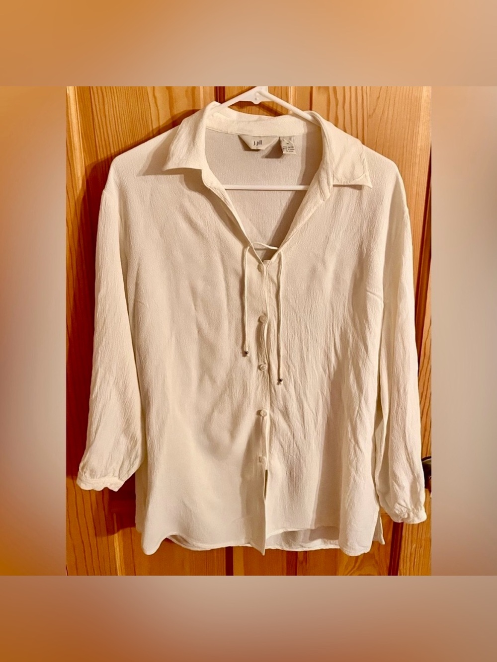 J. Jill Cream Rayon Crepe Tie Front Boho Blouse Medium Coastal Artsy Tunic Chic